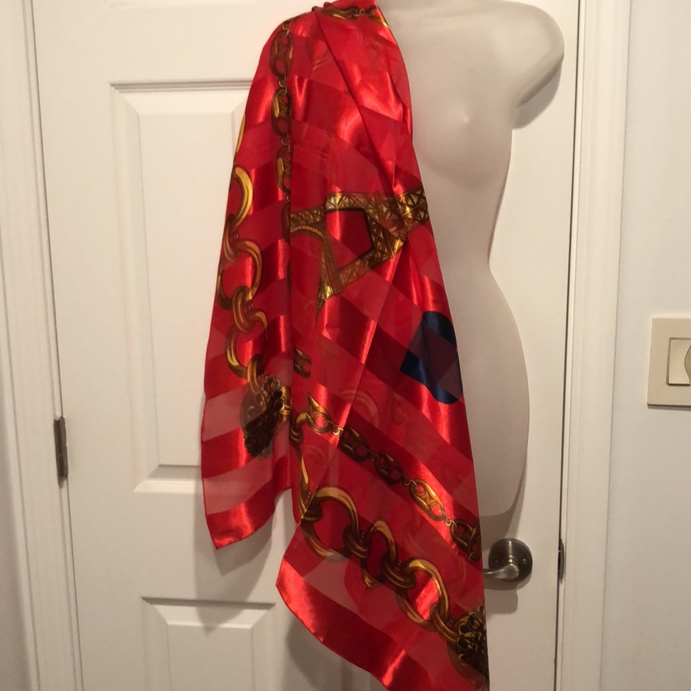 From Paris with Love Large Silky Square Scarf. Eiffel Tower, Heart, Chains - Picture 2 of 15